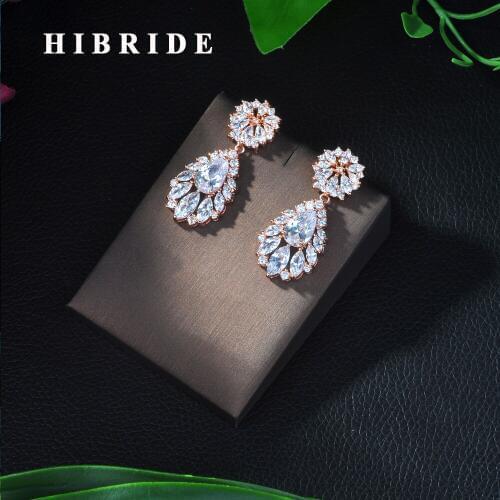 HIBRIDE Sparkling Cubic Zirconia Stud High Quality CZ Earrings Rose Gold Color Women Wedding Party Jewelry E-389