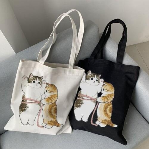 Kawaii cat handbag canvas bag cute all-match one-shoulder canvas bag female student Korea portable shopping bag white