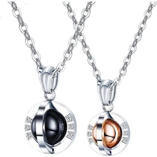 Stainless Steel Black Rose Gold Bead Cubic Zirconia Rotating Lovers Pendant Necklace Jewelry Gift For Him with Chain