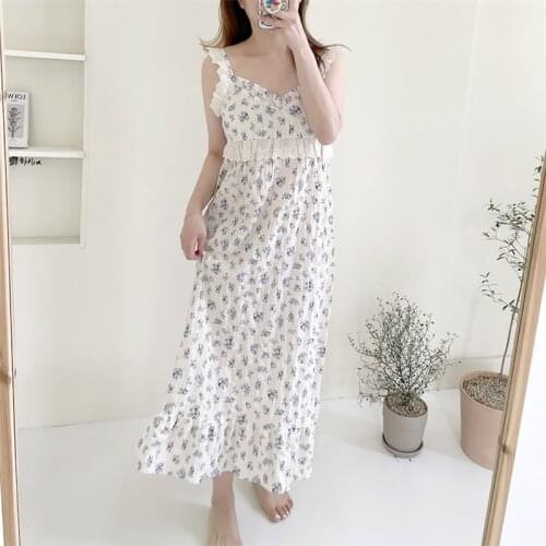 Summer Nightgown Floral Print Sweet Cotton Korean Long Sleepwear Loose Short Sleeve Square Collar Home Clothes Homewear