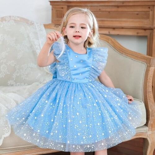 2021 Summer Girls Princess Dress Wedding Party Tutu Gown Star Sequins 1 2 3 4 5 Years Birthday Baptism Fromal Childrens Dresses