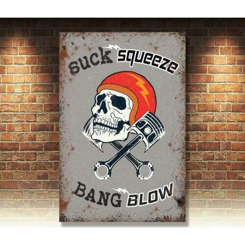 Suck Squeeze Bang Blow Skull & Piston Motorbike Small Metal Steel Wall Sign