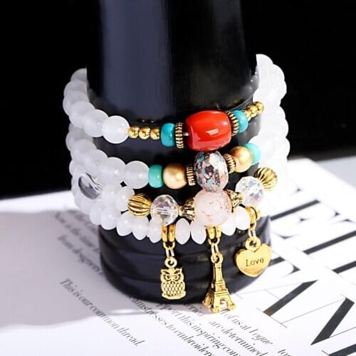 Fashion White Stone Beads Charms Bracelets&Bangles Pulseras Mujer Boho Owl Tower Pendant Bracelet For Women