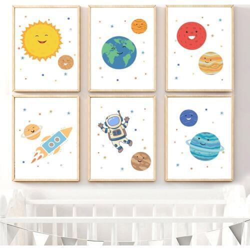 Cartoon Planet Astronaut Rocket Sun earth mars Wall Art Canvas Painting Nordic Posters And Prints Wall Pictures Kids Room Decor