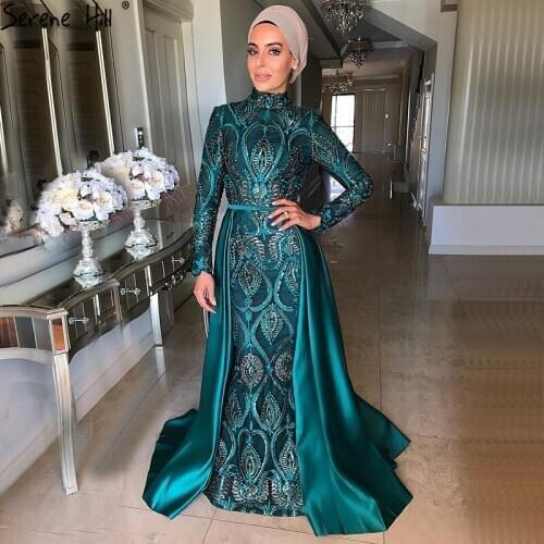 Serene Hill Muslim Green Long Sleeves Evening Gowns 2020 Beading Long Sleeves Mermaid Formal Dress BLA70758