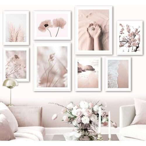 Sand Hand Cherry Blossom Reed Mountain Sea Wave Wall Art Print Canvas Painting Nordic Poster Wall Pictures For Living Room Decor