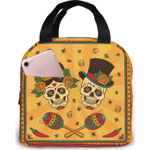 Dia De Los Muertos Sugar Skulls With Maracas Cooler Lunch Box Portable Insulated Lunch Bag Thermal Food Picnic Lunch Bags