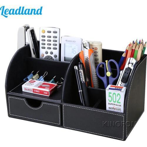 6 Slots Half PU Leather Office Desk Organizer Desktop Stationery 6 Compartments Storage Box Marble Pen Holder Organizer Office