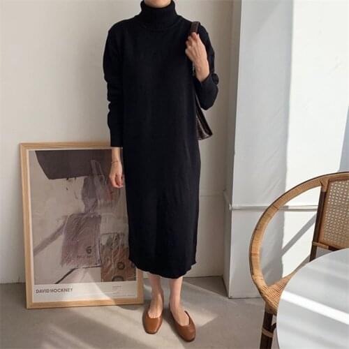 2021 Autumn Winter Solid Color Casual Design Japanese Style Knit Dress Women New Loose Simplicity Turtleneck Long Sleeve