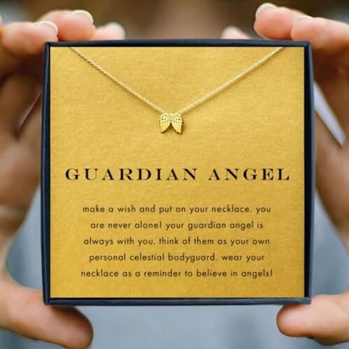 Icareu Golden Angel Wings Pendant Necklace Girl Simple Alloy Clavicle For Women Short Chain Wish Card With Gift Box Jewelry
