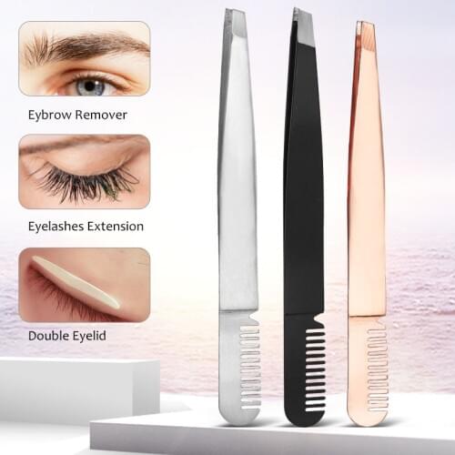 1pcs Eyebrow Tweezer with Eyebrow Brush Comb Stainless Steel Eyelashes Extension Tweezers Double Eyelids Pinzette Clip