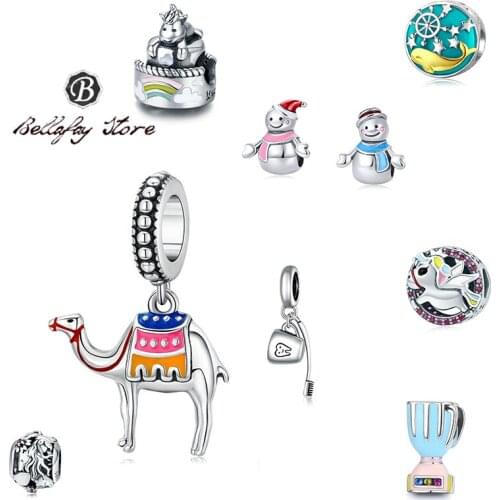 Bellafay Customed Unicorn Charms Real 925 Sterling Silver Camel Beads Snowman Fits Original Bracelet Bangle DIY Necklace Jewelry