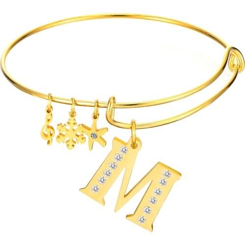 LUXUSTEEL expandable bracelet Gold Color Letter Pendants With Cubic Zirconia Bracelets Stainless Steel Wire Bangles For Girl