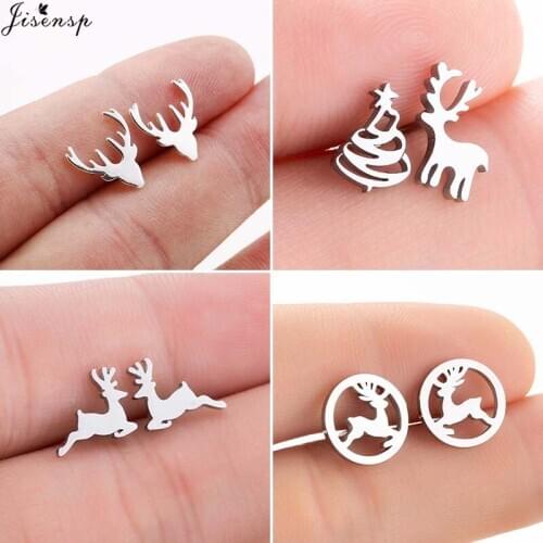 Jisensp Cartoon Animal Deer Stud Earrings Small Christmas Elk Earring for Girls Kid Stainless Steel Jewelry Women pendientes