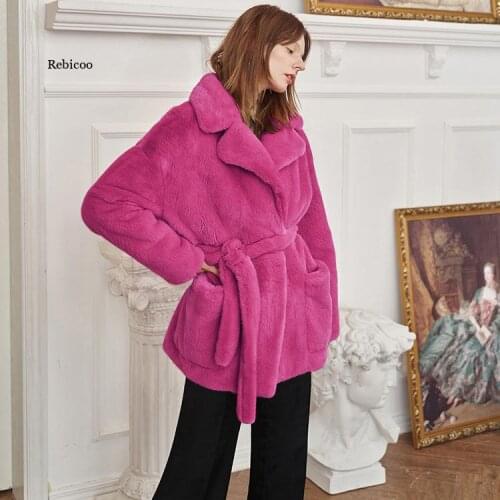Faux Rabbit Fur Coat Women Autumn Winter Thick Warm Long Jackets Female Vintage Casual Cotton Lining Loose Coat With Belt