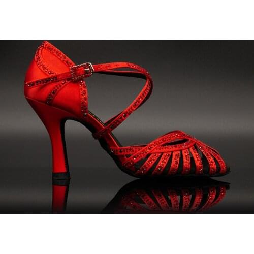 Free Shipping Suphini Handmade High Class Black Satin With Rhinestone Latin Salsa Dance Shoes