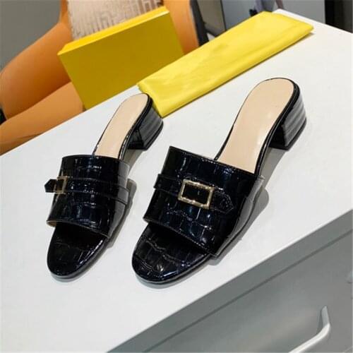 Plus 36-42 Womens Slippers Open Toes Chunky Heels Slippers Fashion Brand Womens Shoes Genuine Leather Beach Slippers For Woman