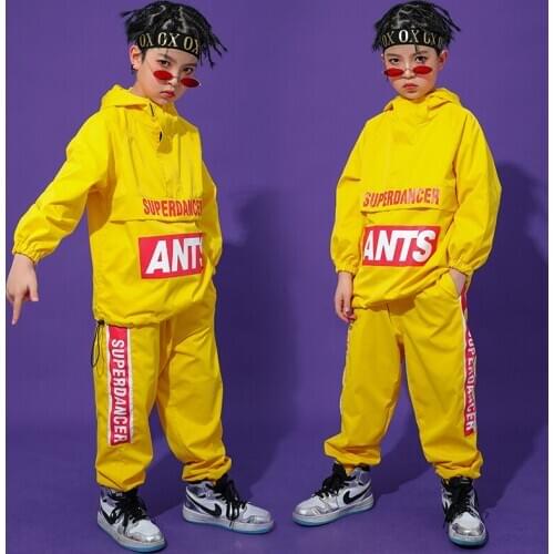 Street Hip Hop Dance Clothes Children Loose Sport Outfit Yellow Boys Fashion Performance Stage Clothing 110-170 Big Size BL3341