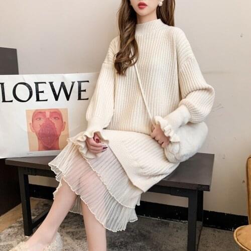 Knitted dress womens autumn and winter 2021 new style long-sleeved loose mid-length western-style loose ladies sweater dress