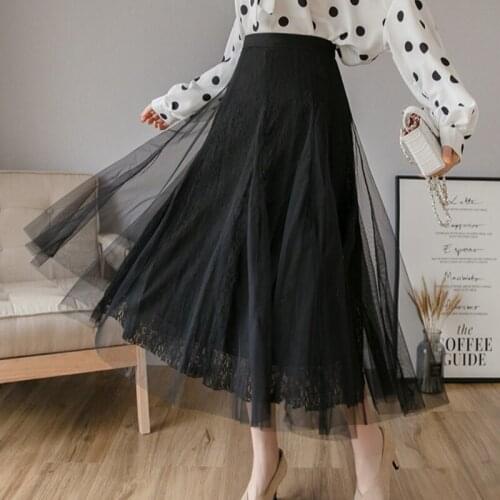 Casual High Waist A-Line Long Female Skirts Fashion Lace Tulle Women Solid Color Midi Skirt Spring Summer Holiday Ladies Skirts