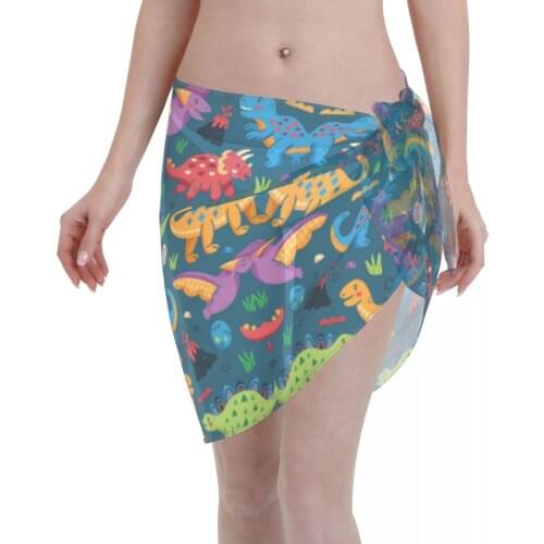 Womens Swim Wear Bikini Cover Up Colorful Dinosaur Beach Mini Wrap Skirt Sarong Pareo Shorts Summer Beachwear