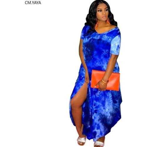 CM.YAYA Women Tie Dye Print V-neck Short Sleeve Side Split Loose Slim Maxi Long Dress Vestidos