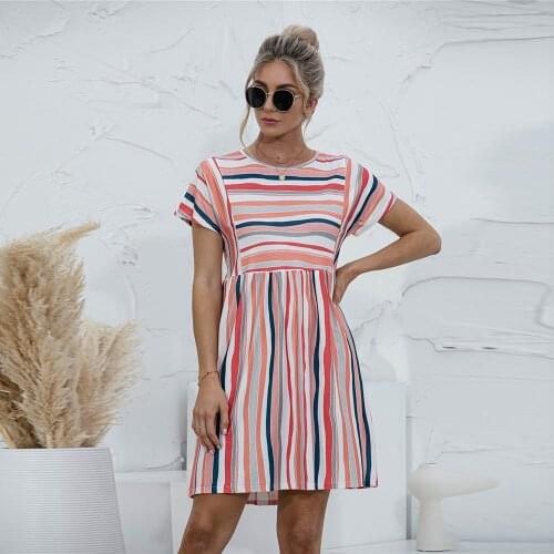 Women Striped Print Patchwork Short Sleeve Dress Summer New Casual Loose O-neck High Waist Elegant Holiday Korean Vestidos Mujer