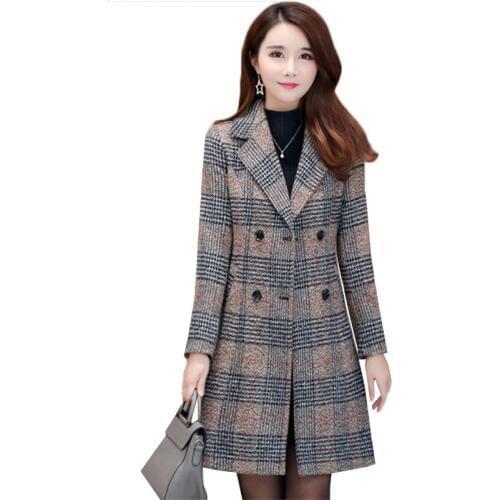 Autumn Winter Women Woolen Coat New Fashion Plaid Suit Collar Mid-long Outerwear Plus Size 4XL Wool Coat Female Casual Tops Y304