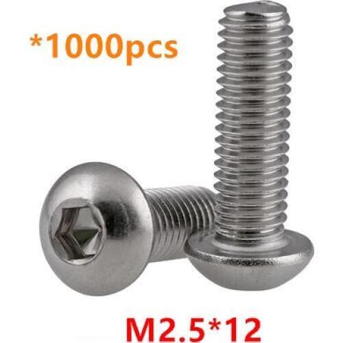 1000pcs M2.5*12 Hex Socket Button Head Screws A2-70 Stainless steel Round head Mushroom Bolts ISO7380
