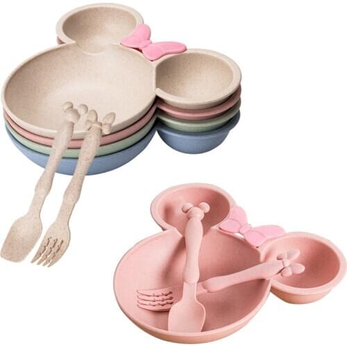 3Pcs/Set Baby Cartoon Tableware Dish Wheat Bowl Anti-hot Toddle Kids Dinner Feeding Food Plate Children Training Bowl Spoon Fork