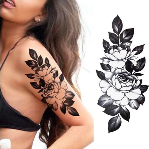 Black Lotus Temporary Tattoos Sticker Waterproof Beautiful Flower Tatoos For Women Body Art Drawing Arm Chest Tatoos For Seaside