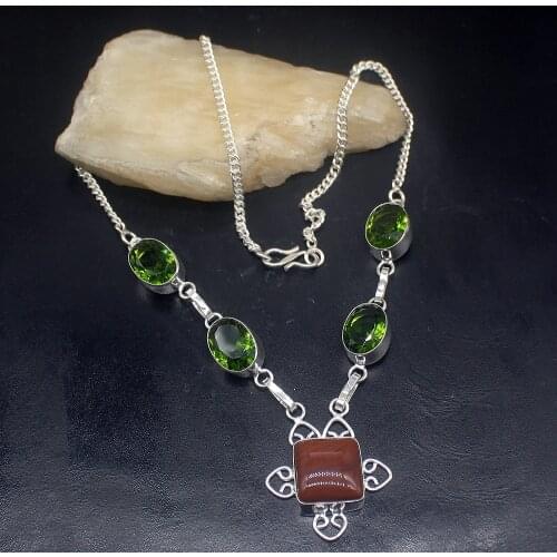 Gemstonefactory Jewelry Big Promotion 925 Silver Ocean Jasper Green Peridot Ladies Women Chain Necklace 44cm 20213504