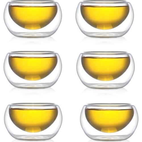 [GRANDNESS] 6 Pcs Heat Resistant Double Wall Glass Tea Cup Double Layer Clear Glass Teacup 50ml