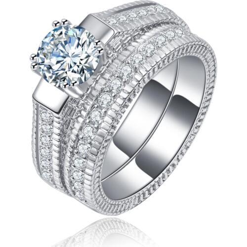 Hainon New Luxury Fashion 2pcs Silver Color Rings Round Cubic Zircon Charm Wedding Engagement Rings Jewelry Gifts