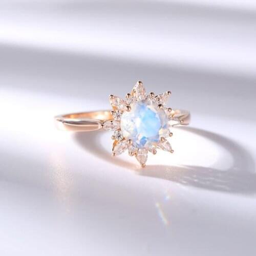 Beautiful 925 Sterling Silver Jewelry Roun Cut 6 mm Rainbow Blue Natural Moonstone Ring Engagement Wedding Ring For Women Gift