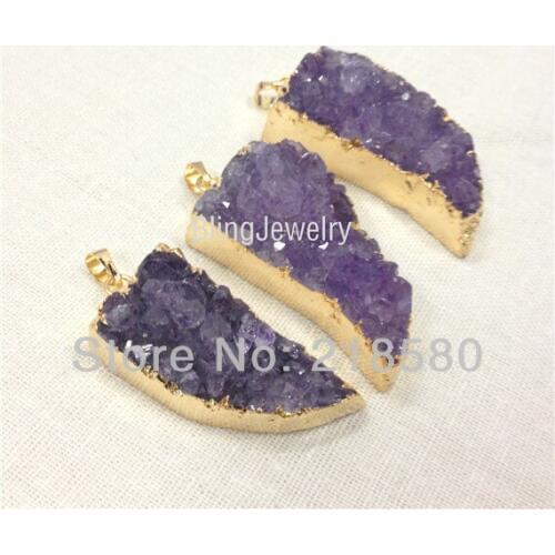 SP-052 Raw Druzy Amethysts Druzy Cluster Horn Tusk Moon Pendant with Gold