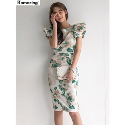 Women Sexy Puff Sleeve Office lady Vestidos Summer Elegant Slim Waist Female print Dresses