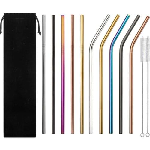 Reusable Rainbow Color Metal Straws Set with Cleaner Brush 304 Stainless Steel Drinking Straw Milk Drinkware Bar Party Accessory