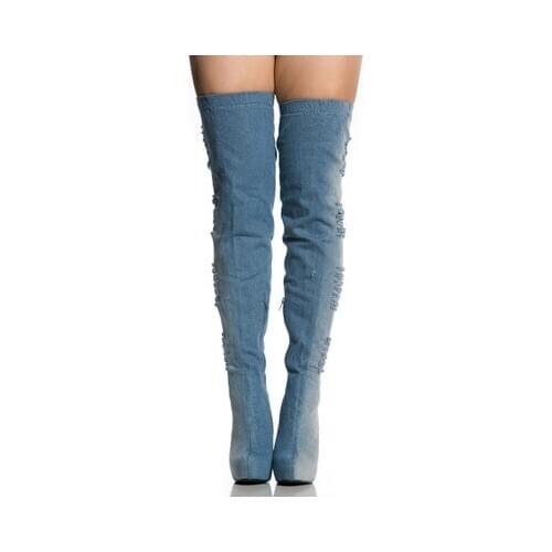 Fashion Women Platform High Heels Spring Autumn OverKnee Boots Tight High Stiletto Blue Jeans Denim Rome Long Shoes Woman Botas