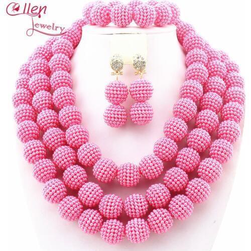 Fashion New African Wedding Ball Beads Jewelry Set Nigerian Hot Pink Ball Pearls Jewelry Set Free Shipping W13054