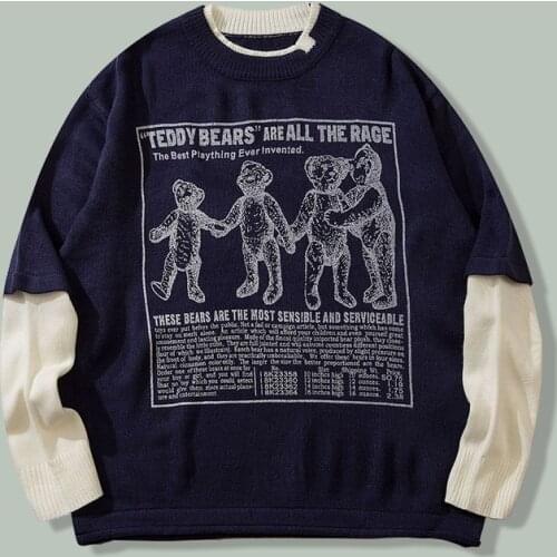 Hip Hop Fashion Patchwork Bear Print Sweater Mens Harajuku Streetwear Campus Knitted Sweaters Winter Unisex Oversized Pullovers