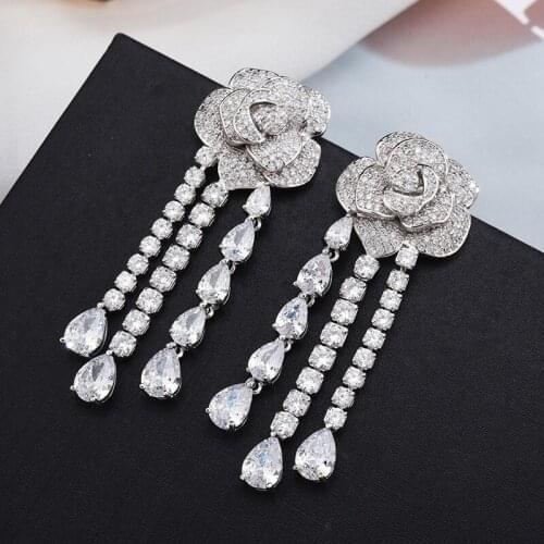 Independent design silver inlaid crystal long camellia tassel drop flower earrings fashion micro-inlaid zircon ladies jewelry
