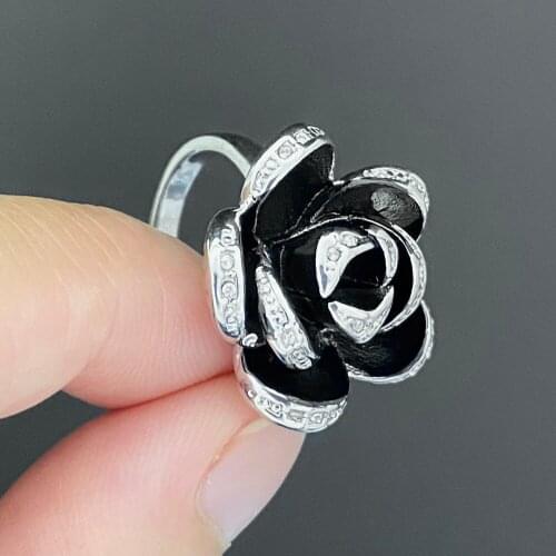 Gift Rings for Women Rose Flower Jewelry Fashion Womens Crystal Romantic Wedding Ring Silver Color Black Gift On Sale