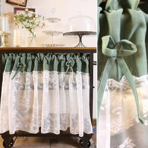 American Country Style Half Curtain Green Cloth and White Lace Yarn Short Curtain for Kitchen Cabinet Door Bedroom Home Decor