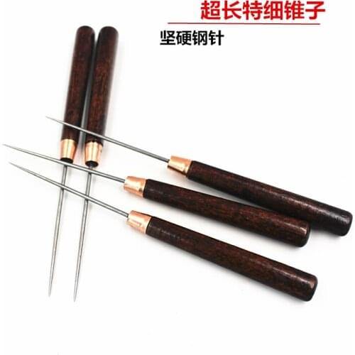 Leather Punching Awl All-Steel Wooden Handle Long Needle Extra Fine Positioning Drill Leather Puncher Bodkin Piercer TJ4364