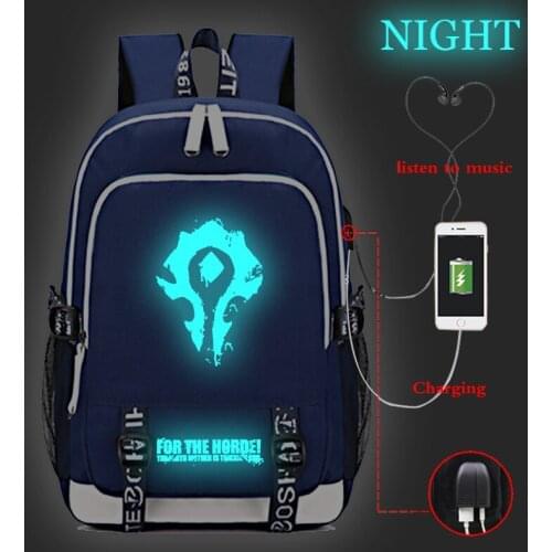 High quality World of Warcraft Luminous Backpacks USB Charge Bags Boy Girl school bag Students book bag Teens Sport bag Mochila