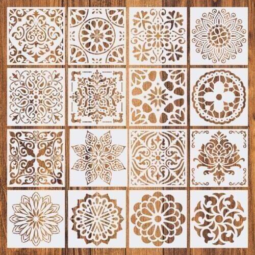 16pcs15*15 Painting Stencil DIY Drawing Mandala style Laser Cut Wall Stencil Painting for Wood Floor Tiles Fabric Template