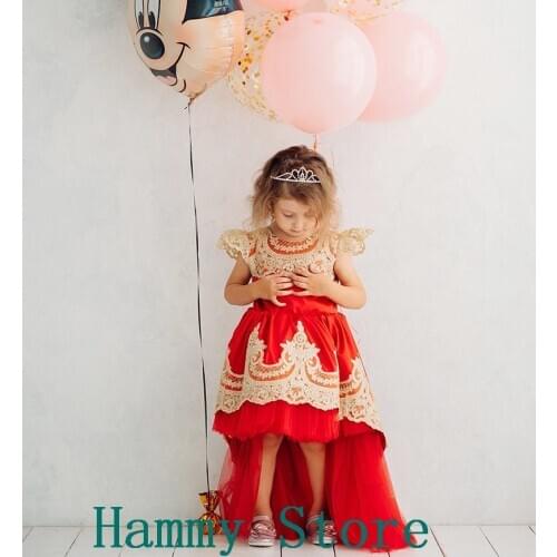 Custom Red Puffy Tulle Flower Girl Dress Applique Lace Kids Clothes Girls Birthday Party Gowns