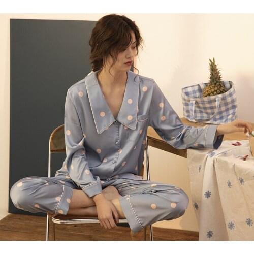Spring Fashion Polka-dot Women Pajamas Long Sleeve Sexy Nightwear Two Piece Set Satin Sleepwear Lapel Loungewear Home Clothes