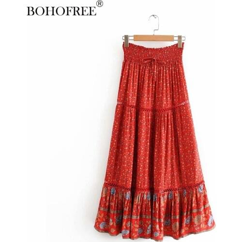 2020 Spring New Red Floral Boho Skirt Cotton Saia Female Elastic Waist Maxi Skirts Womens Bohemian Skirts